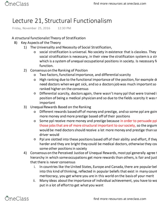 SOCIOL 2S06 Lecture Notes - Lecture 21: Social Stratification, Structural Functionalism, Meritocracy thumbnail