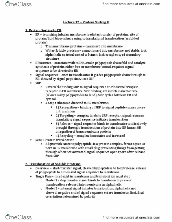 BIO 3153 Lecture Notes - Lecture 12: Signal Peptidase, Alpha Helix, Transmembrane Protein thumbnail