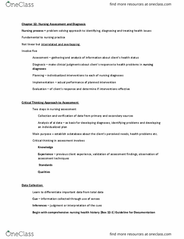 NURS303 Lecture Notes - Lecture 13: Nursing Assessment, Nursing Process, Data Validation thumbnail