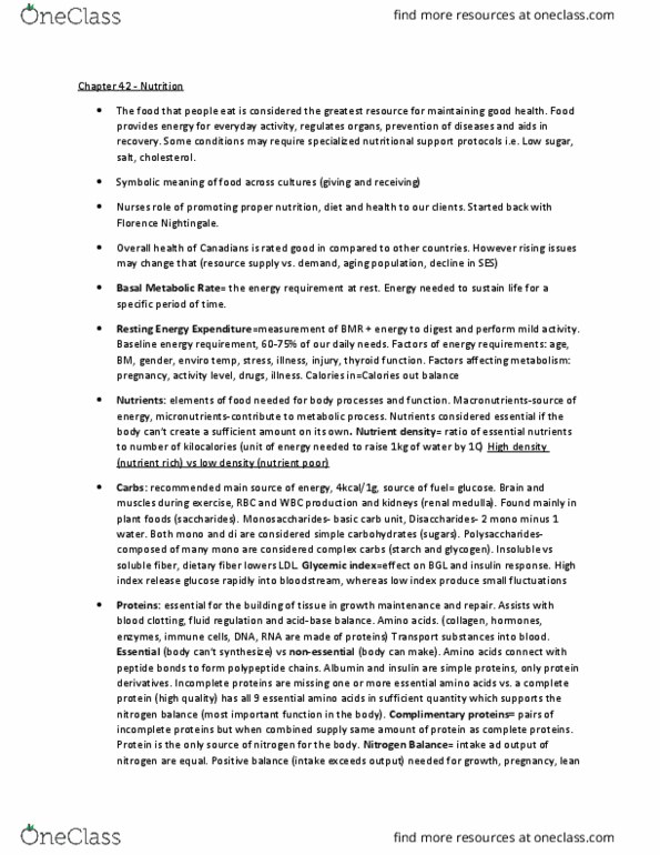 NURS303 Lecture Notes - Lecture 16: Basal Metabolic Rate, Nutrient Density, Nitrogen Balance thumbnail