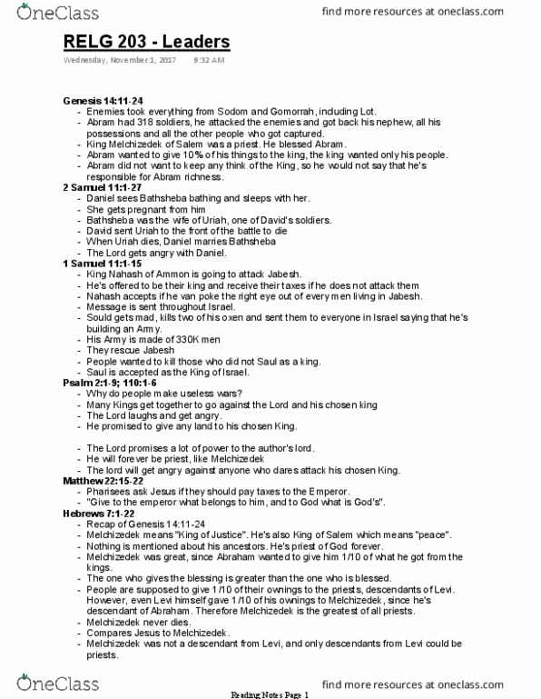 RELG 203 Chapter Notes - Chapter Several passages of the Bible: Nahash Of Ammon, Psalm 2, Books Of Samuel thumbnail