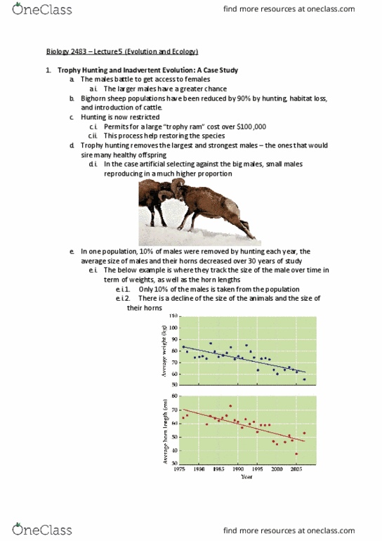 Biology 2483A Chapter Notes - Chapter 6: Trophy Hunting, Bighorn Sheep, Allele Frequency thumbnail