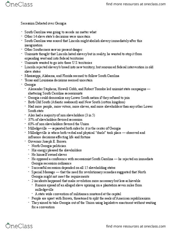 HIST 2003 Lecture Notes - Lecture 8: Upland South, Confederate States Of America, Henry L. Benning thumbnail