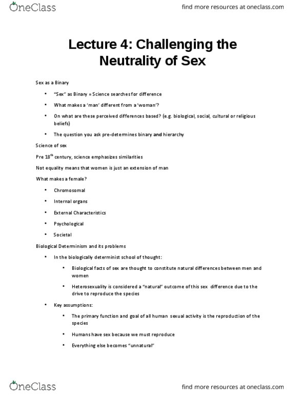 WMST 1000Y Lecture Notes - Lecture 4: Human Sexual Activity, Heterosexuality, Determinism thumbnail