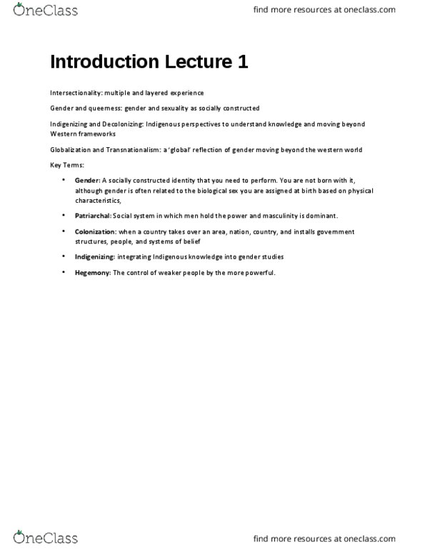 WMST 1000Y Lecture Notes - Lecture 1: Gender Studies, Social System, Transnationalism thumbnail