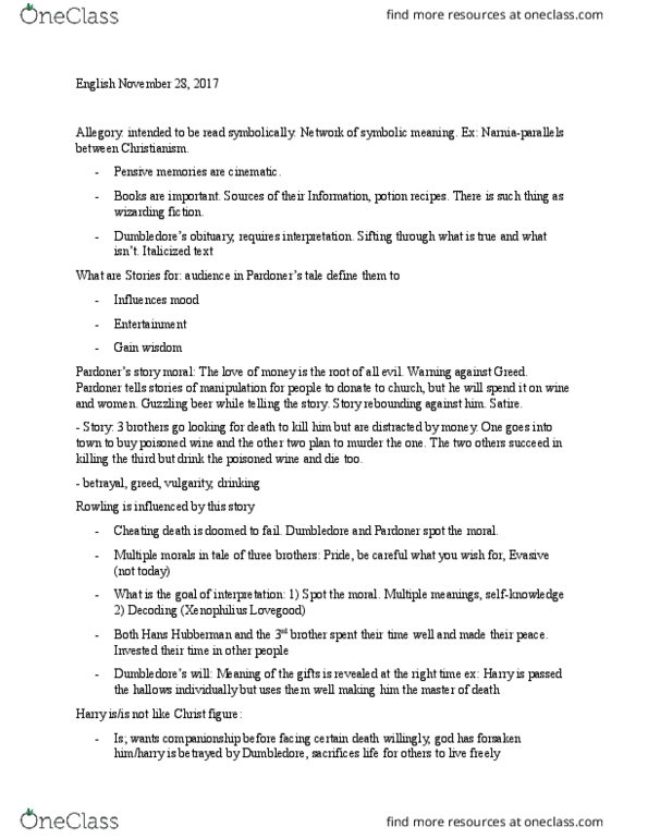 English 2092F/G Lecture Notes - Lecture 13: List Of Supporting Harry Potter Characters, Albus Dumbledore, Magic In Harry Potter thumbnail