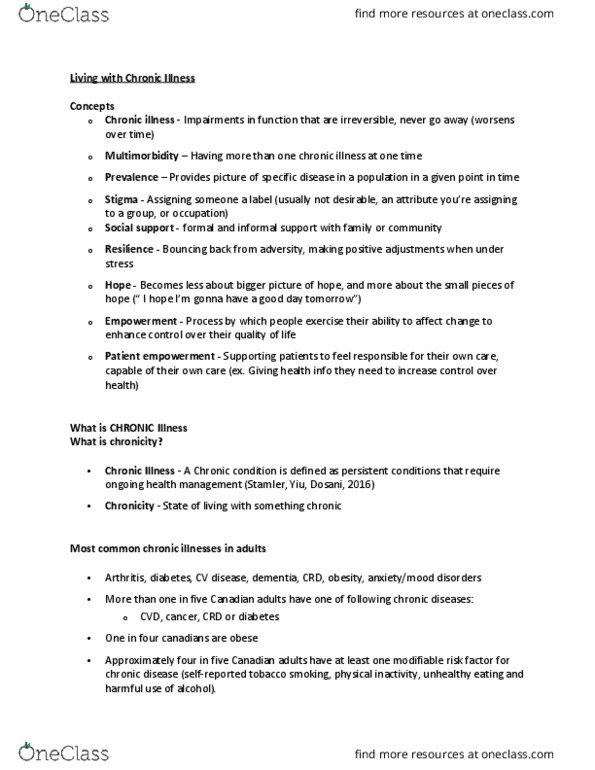 NURS103 Lecture Notes - Lecture 8: Patient Participation, Chronic Care, Chronic Condition thumbnail