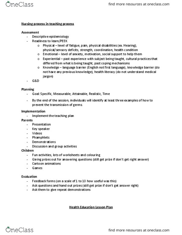 NURS103 Lecture Notes - Lecture 9: Health Literacy, Nursing Process, Language Barrier thumbnail