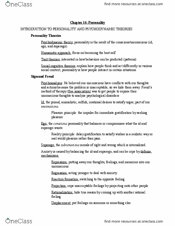 PSY 1305 Chapter Notes - Chapter 14: Sigmund Freud, Reaction Formation, Psychoanalysis thumbnail