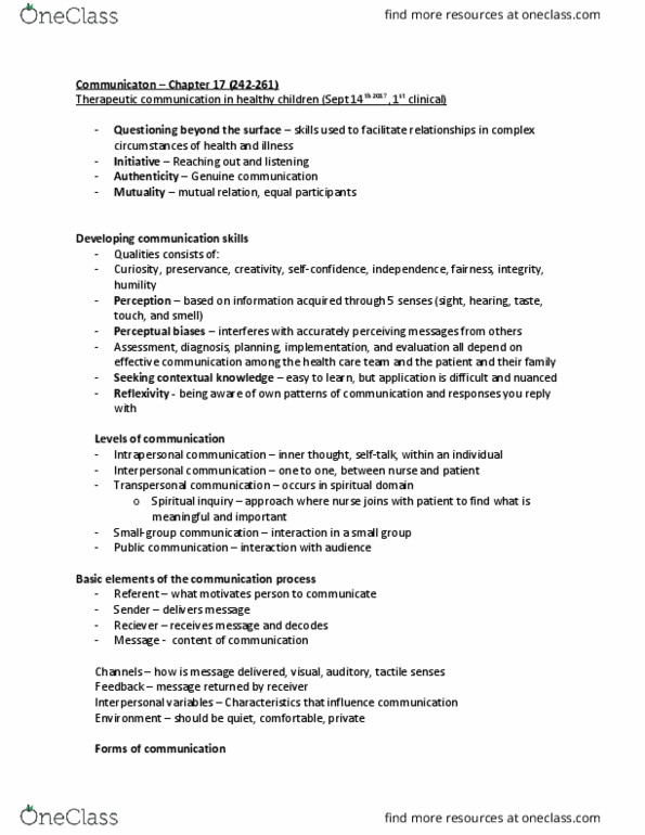 NURS105 Lecture Notes - Lecture 2: Nursing Care Plan, Intrapersonal Communication, Interpersonal Communication thumbnail