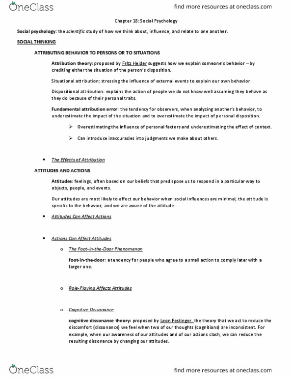 PSY 1305 Chapter Notes - Chapter 18: Normative Social Influence, Cognitive Dissonance, Fritz Heider thumbnail