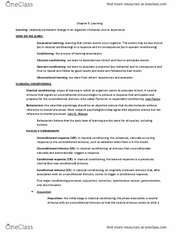 PSY 1305 Chapter Notes - Chapter 8: Classical Conditioning, Operant Conditioning, Learning thumbnail