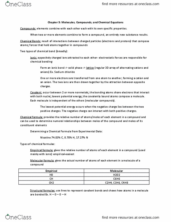 CHE 1301 Chapter Notes - Chapter 3: Ionic Bonding, Chemical Equation, Empirical Formula thumbnail