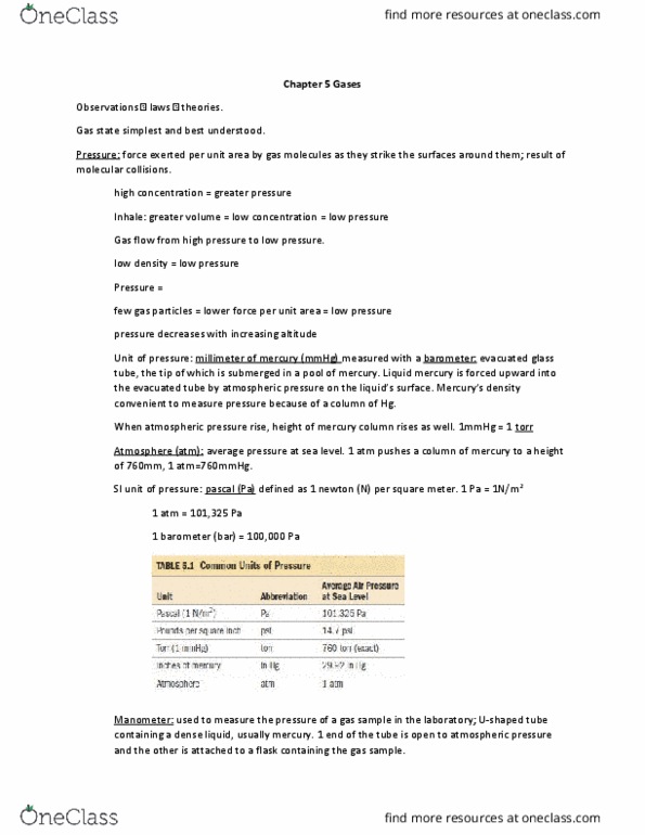 CHE 1301 Chapter Notes - Chapter 5: Barometer, Gas Laws, Inverse Relation thumbnail