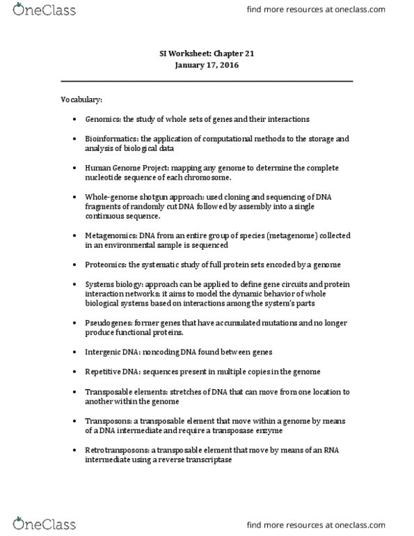 BIO 1305 Lecture Notes - Lecture 1: Human Genome Project, Transposable Element, Noncoding Dna thumbnail