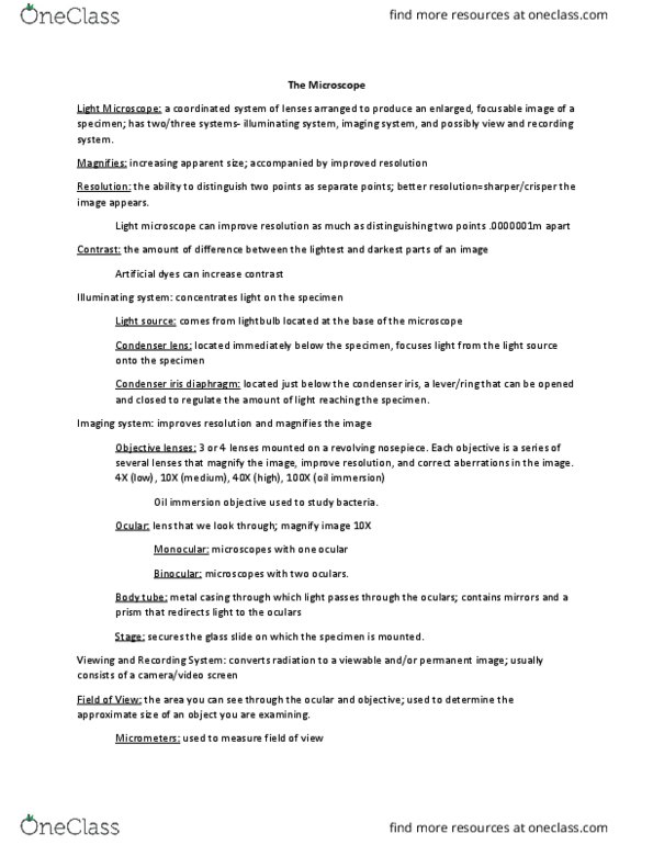 BIO 1105 Lecture Notes - Lecture 1: Oil Immersion, Standard Ruler, Electric Light thumbnail