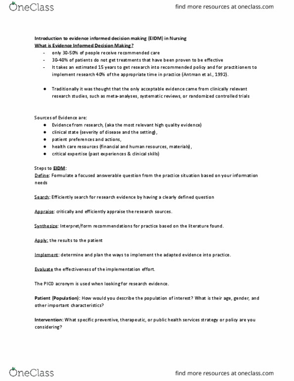 NURSING 1F03 Lecture Notes - Lecture 11: Diabetes Mellitus Type 2, Evidence-Based Practice, Clinical Trial thumbnail