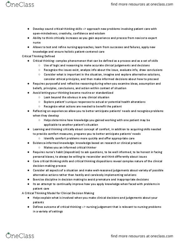 NURSING 1F03 Lecture Notes - Lecture 12: Nursing Process, Critical Thinking, Decision-Making thumbnail