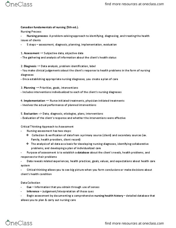 NURSING 1F03 Lecture Notes - Lecture 12: Nursing Diagnosis, Nursing Assessment, Nursing Process thumbnail