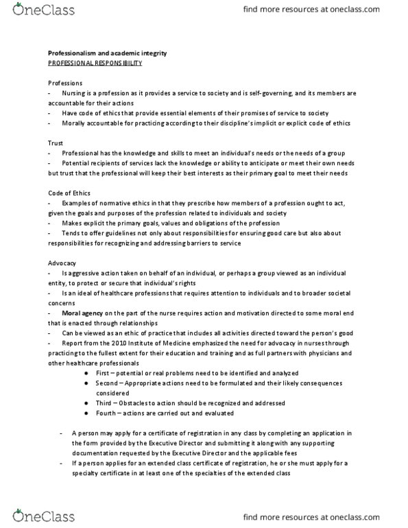 NURSING 1F03 Lecture Notes - Lecture 6: Professional Responsibility, Normative Ethics, Moral Agency thumbnail