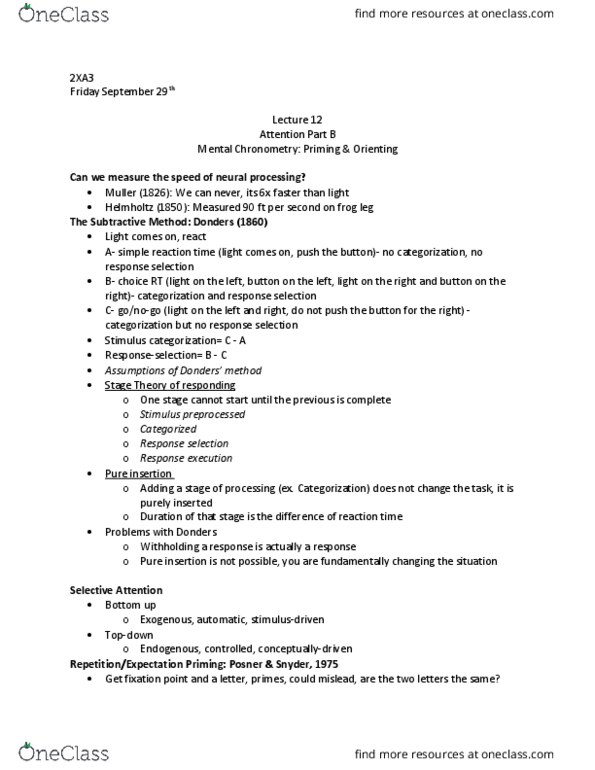 PNB 2XA3 Lecture Notes - Lecture 12: Automatic Control, Chronometry, Franciscus Donders thumbnail