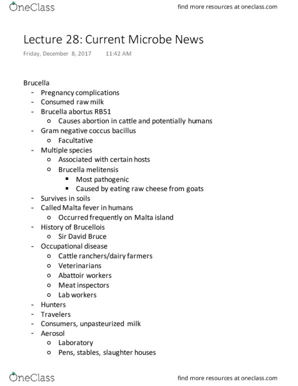 MICROM 301 Lecture Notes - Lecture 28: Complications Of Pregnancy, Brucella Melitensis, Gram-Negative Bacteria thumbnail