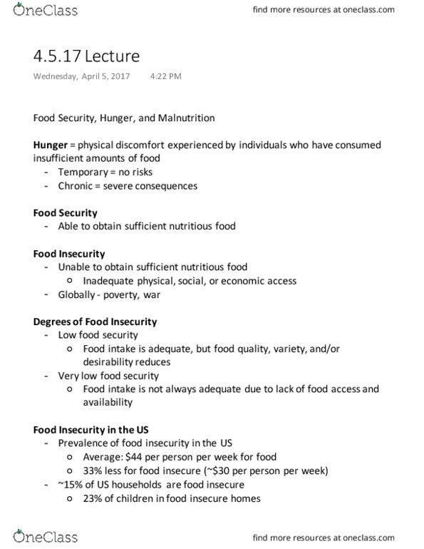 NUTR 200 Lecture Notes - Lecture 4: Micronutrient Deficiency, Malnutrition, Food Security thumbnail