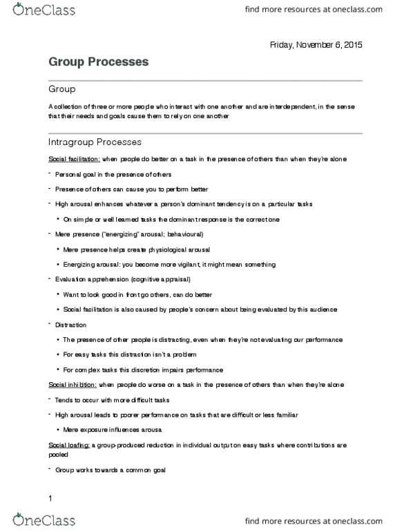 PSY 2110 Lecture Notes - Lecture 10: Social Inhibition, Social Facilitation, Group Cohesiveness thumbnail