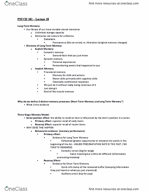 PSYCH 101 Lecture Notes - Lecture 18: Semantic Memory, Spaced, Procedural Memory thumbnail