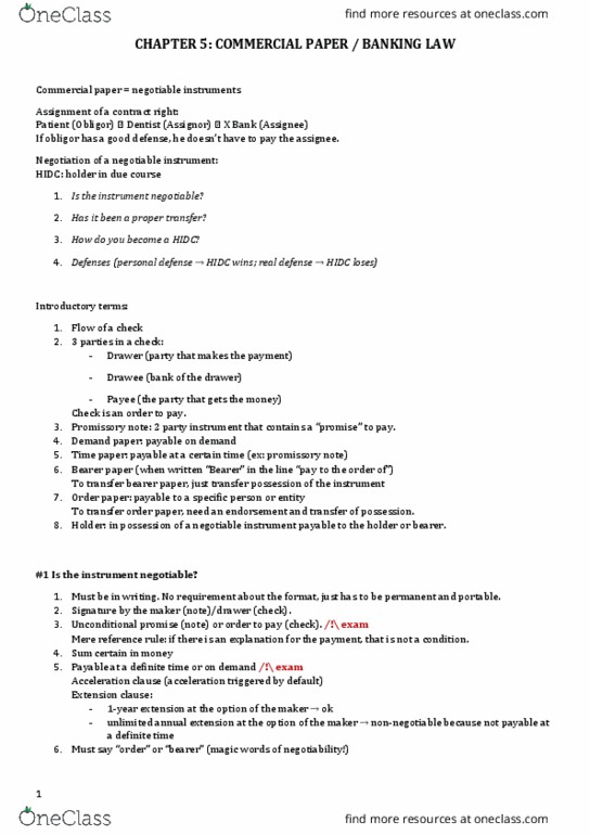 BLA 461 Lecture Notes - Lecture 5: Commercial Paper, Promissory Note, Contract thumbnail