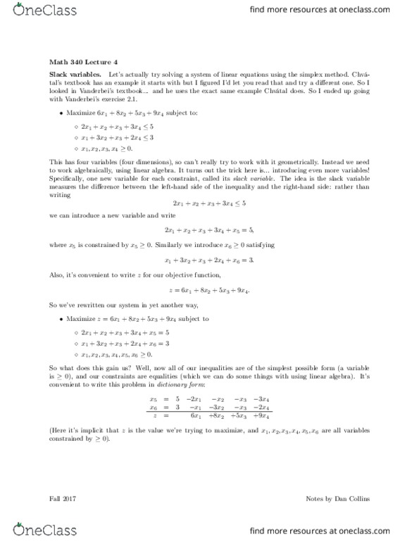 MATH 340 Lecture Notes - Lecture 4: Slack Variable, Linear Programming, Linear Algebra thumbnail