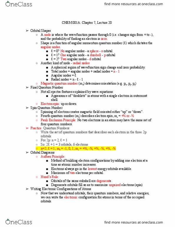 CHEM 001A Lecture Notes - Lecture 20: Electron Configuration, Wave Function, Atomic Number thumbnail