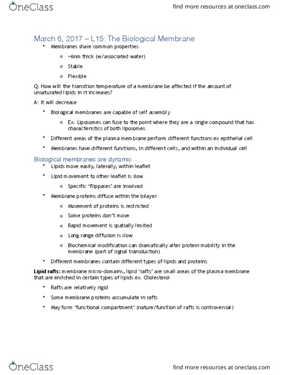 BIOL 1090 Lecture Notes - Lecture 15: Lipid Raft, Cell Membrane, Liposome thumbnail