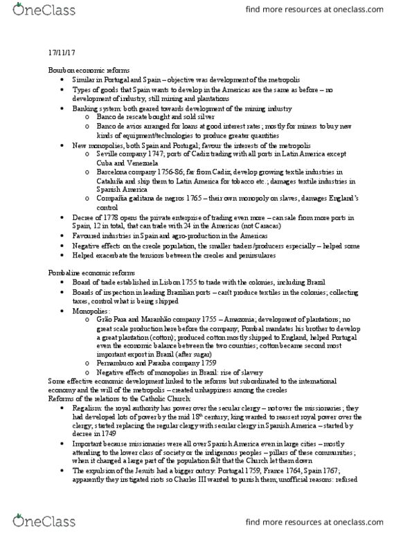 HIST 309 Lecture Notes - Lecture 27: Repartimiento, Scientific Racism, Bourbon Reforms thumbnail