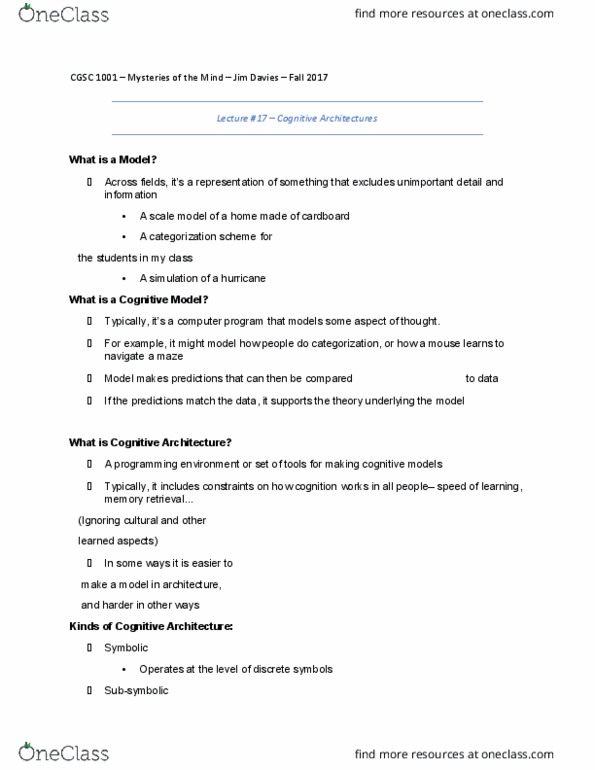 CGSC 1001 Lecture Notes - Lecture 17: Procedural Memory, Explicit Memory, Cognitive Architecture thumbnail