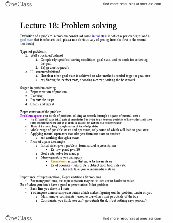 PSYCH 240 Lecture Notes - Lecture 18: Power Law, Functional Fixedness, Backtracking thumbnail