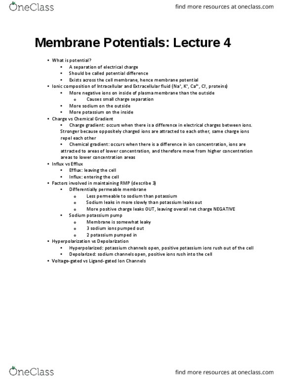 HTHSCI 1H06 Lecture Notes - Lecture 4: Action Potential, Repolarization, Membrane Potential thumbnail