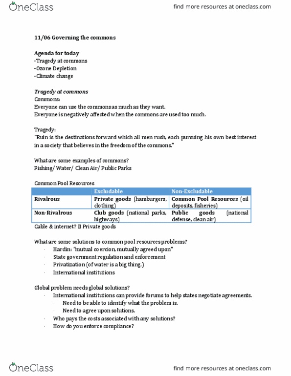 POLS 1301 Lecture Notes - Lecture 25: Precautionary Principle, Kyoto Protocol, Common-Pool Resource thumbnail