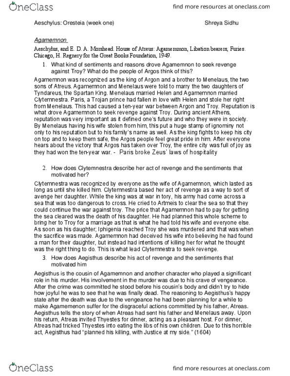 HUMA 1825 Lecture Notes - Lecture 1: Oresteia, Great Books Foundation, Aegisthus thumbnail
