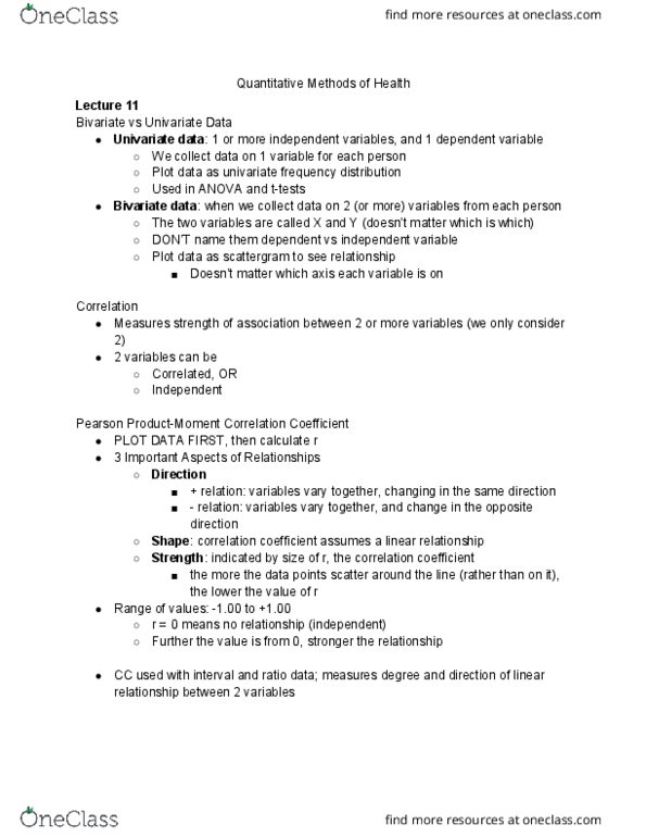 HSS 2381 Lecture Notes - Lecture 11: Univariate, Scatter Plot, Dependent And Independent Variables thumbnail