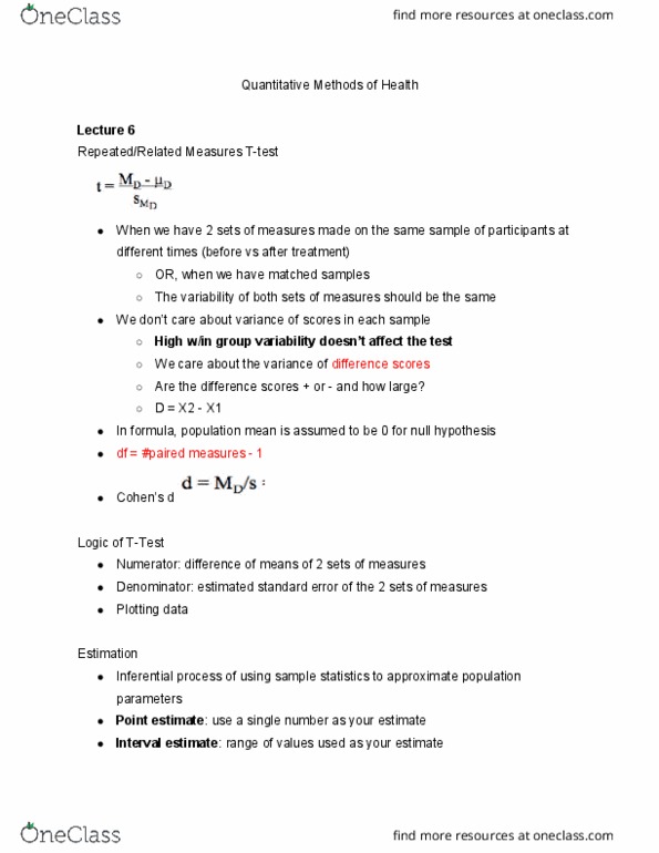 HSS 2381 Lecture Notes - Lecture 6: Confidence Interval, Interval Estimation, Null Hypothesis thumbnail
