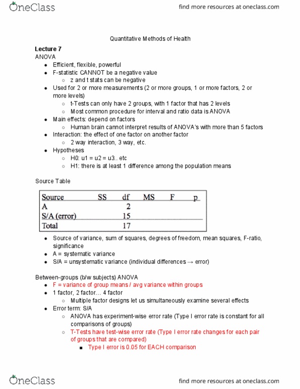 HSS 2381 Lecture Notes - Lecture 7: Effect Size, Data Matrix, Family-Wise Error Rate thumbnail