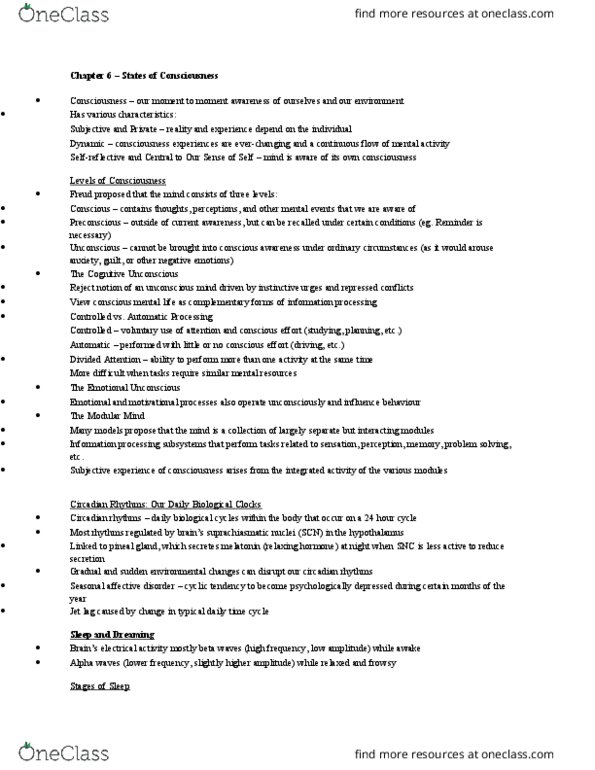 Psychology 1000 Chapter Notes - Chapter 6: Reuptake, Muscle Tone, Narcolepsy thumbnail