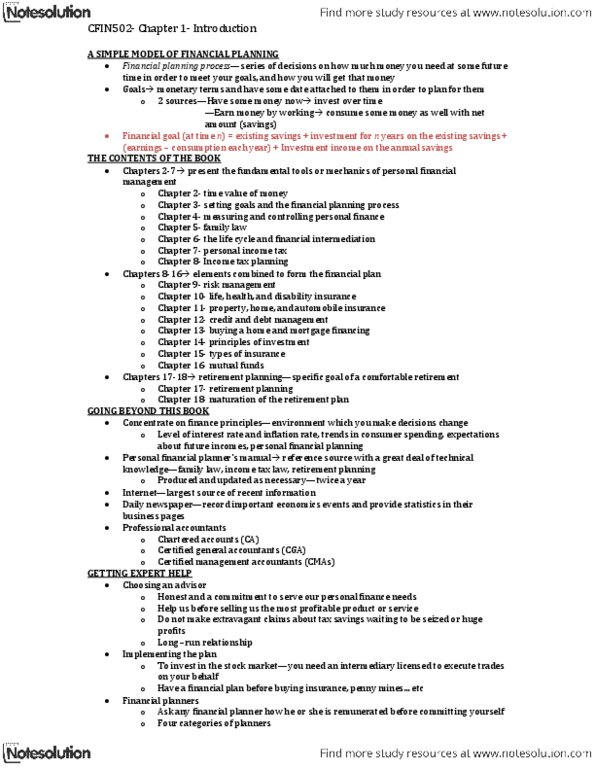 FIN 502 Chapter Notes - Chapter 1: Quicken, Estate Planning, Mint.Com thumbnail