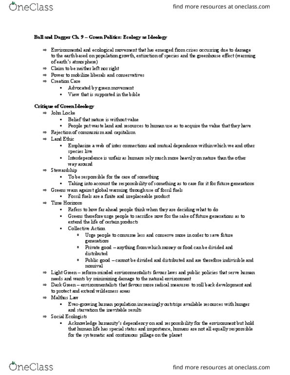 Philosophy 1030A/B Chapter Notes - Chapter 9: Evangelical Environmentalism, Green Politics, Land Ethic thumbnail