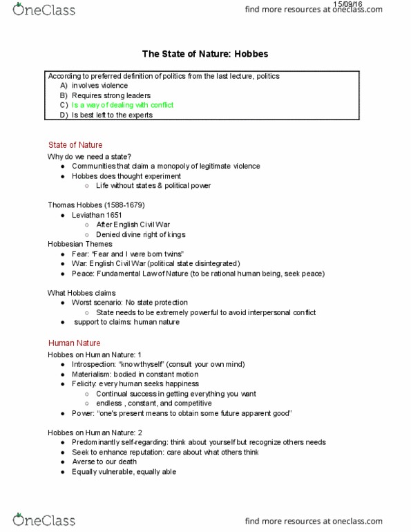 Political Science 1020E Lecture Notes - Lecture 88: Thomas Hobbes, Systematic Chaos, Thought Experiment thumbnail