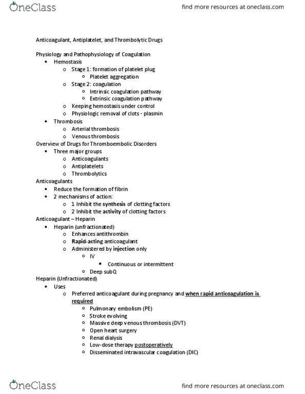 NURS 3220 Lecture Notes - Lecture 22: Hypersensitivity, Streptokinase, Vitamin K Antagonist thumbnail
