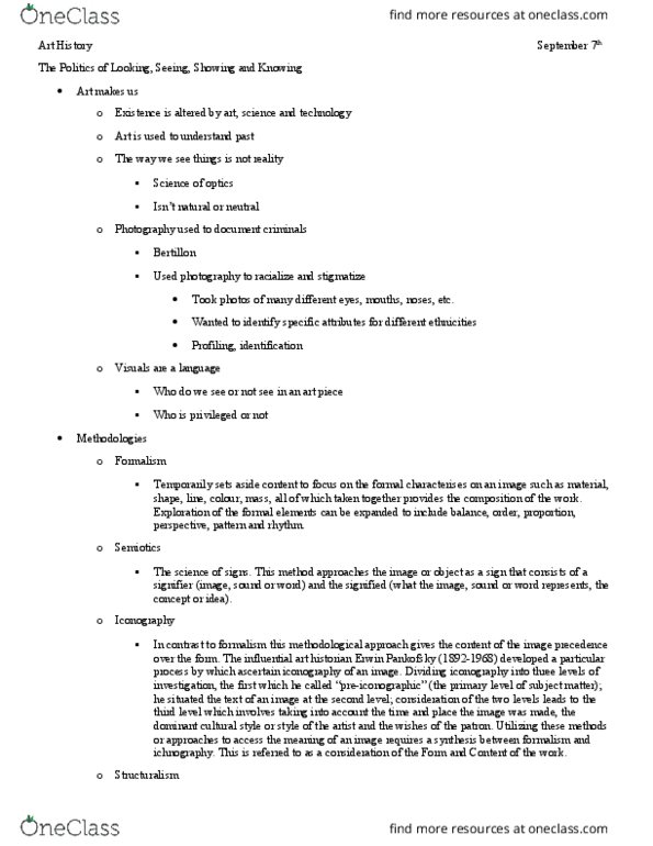 Visual Arts History 1042A/B Lecture Notes - Lecture 6: Alphonse Bertillon, Semiotics thumbnail