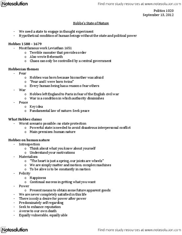 Political Science 1020E Lecture Notes - Rationality, English Civil War, Thomas Hobbes thumbnail