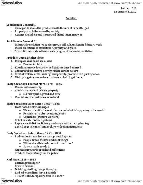 Political Science 1020E Lecture Notes - Surplus Labour, Productive Forces, Materialism thumbnail